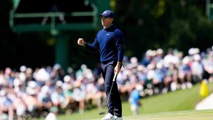 <p>PICK UP, WHERE YOU LEFT OFF: Rory McIlroy celebrates after a birdie on the 15th hole during the first round of the Masters golf tournament. Pic: AP Photo/David J. Phillip</p> <p>PICK UP, WHERE YOU LEFT OFF: Rory McIlroy celebrates after a birdie on the 15th hole during the first round of the Masters golf tournament. Pic: AP Photo/David J. Phillip</p>