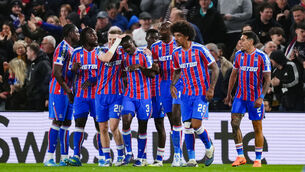 <p>Crystal Palace players celebrate their second goal. Pic: PA</p>