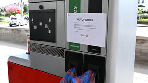 <p> OUT OF STOCK notice from Circle K on the petrol and diesel pumps at Marina Filling Station, Monahan Road, Cork. Picture: Larry Cummins</p>