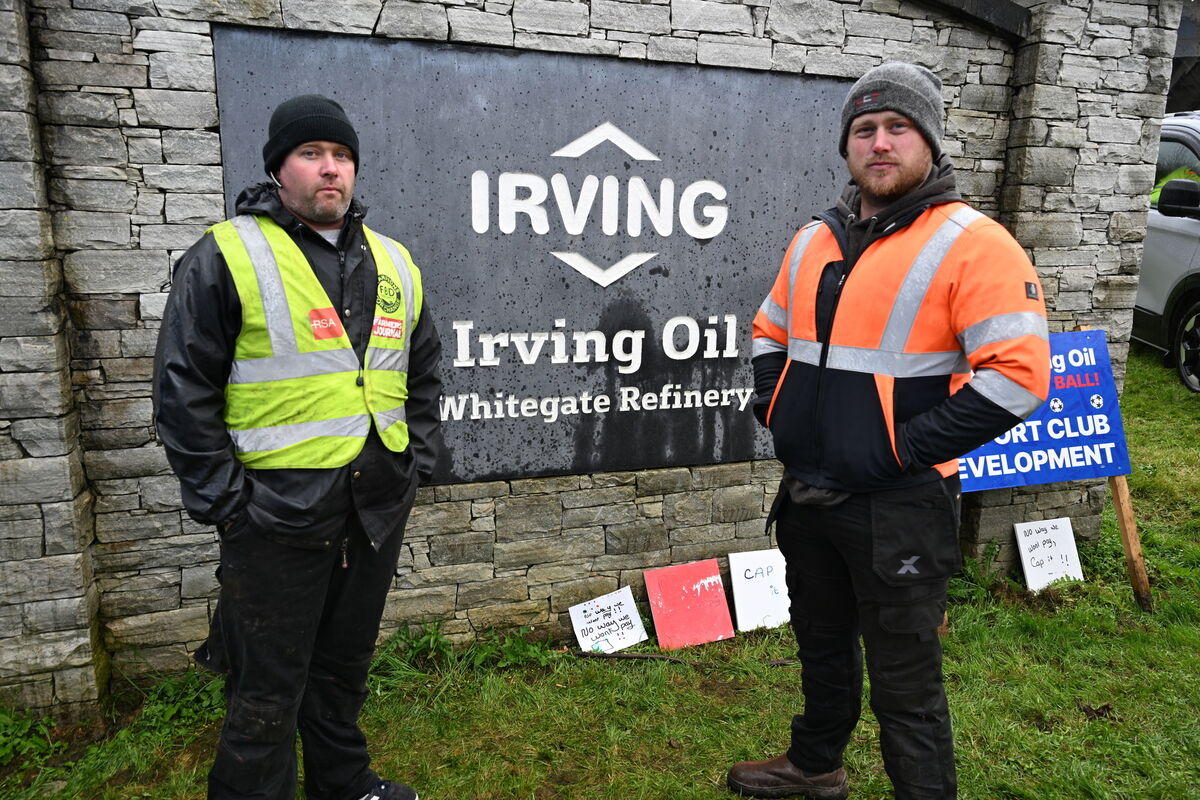  Agricultural contractors Dan McAuliffe and Niall Linehan of DN Contracts are protesting at the blockade on Friday at Whitegate, Cork. Picture: Larry Cummins