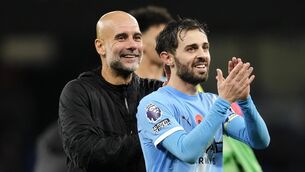 <p>PEP PEEVED: Bernardo Silva (right) with Manchester City manager Pep Guardiola (Nck Potts/PA)</p>