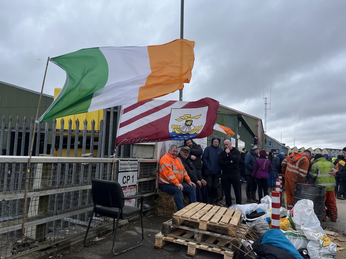 Protesters take part in a blockade at the docks in Galway Docks, Co Galway, on the fourth day of a National Fuel Protest against rising fuel prices. Picture: Claudia Savage/PA Wire Protesters take part in a blockade at the docks in Galway Docks, Co Galway, on the fourth day of a National Fuel Protest against rising fuel prices. Picture: Claudia Savage/PA Wire