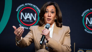 Kamala Harris speaking during the National Action Network convention in New York (Angelina Katsanis/AP)