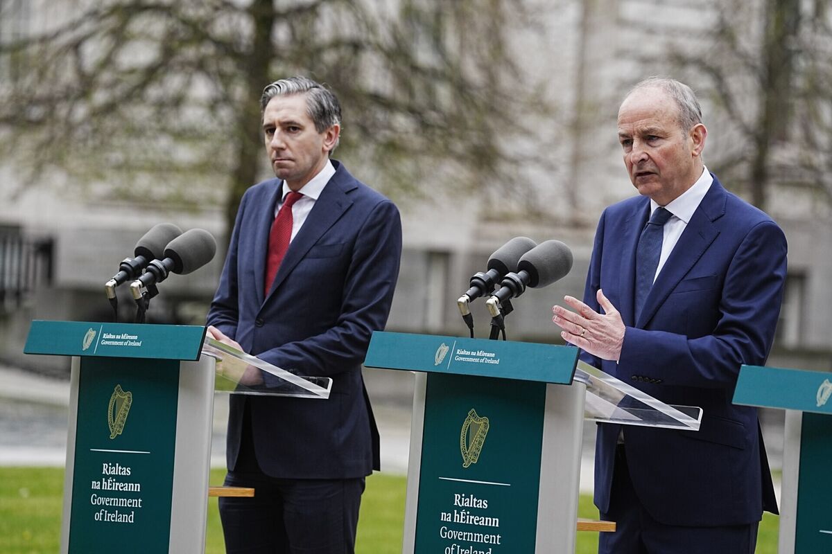 Tánaiste Simon Harris (left) and Taoiseach Micheál Martin speaking to the media in The Courtyard at Government Buildings, Dublin ahead of a leaders' meeting on fuel prices. Picture: Brian Lawless/PA Wire