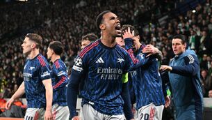<p>EUROPEAN HOPES: Gabriel celebrates Arsenal’s late winner, scored by team-mate Kai Havertz, during the Champions League quarter-final first leg match against Sporting at the Jose Alvalade Stadium this week. <span class="contextmenu emphasis CaptionCredit">Pic: Zed Jameson/PA</span>
            </p>