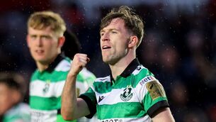 <p>FEEL THE BYRNE: Shamrock Rovers’ Jack Byrne celebrates scoring his side’s winner. Pic: ©INPHO/Ryan Byrne.</p>
