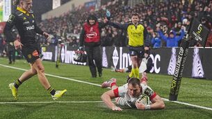 <p>SEMIS BOUND: Ulster's Zac Ward scores a try during the Betfred Challenge Cup match at Affidea Stadium. Pic: Brian Lawless/PA Wire.</p>