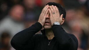 <p>SERIOUSLY? Arsenal manager Mikel Arteta shows his frustration as his side succumb to Bournemouth - and the pressure of the title race - at home. Pic: Glyn KIRK/AFP via Getty Images</p>