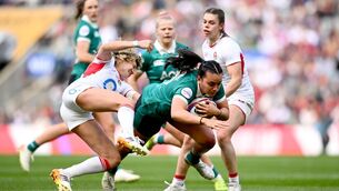 <p>HUMAN TRAFFIC: Nancy McGillivray of Ireland is tackled by Ellie Kildunne of England at Twickenham. Pic: Shauna Clinton/Sportsfile</p>