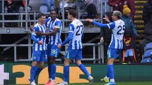 <p>Brighton and Hove Albion's Mats Wieffer (2nd right) celebrates scoring their side's first goal at Turf Moor. Pic: Gary Oakley/PA Wire.</p>