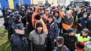 <p>Tense scenes between gardaí and fuel price protesters at Cork's Whitegate oil refinery on Saturday, April 11. Picture: Larry Cummins</p>