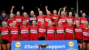<p>Cork players and coaching staff celebrate with the cup after their side's victory in the Lidl Ladies National Football League Division 1 final. Pic: Sam Barnes/Sportsfile</p> <p>Cork players and coaching staff celebrate with the cup after their side's victory in the Lidl Ladies National Football League Division 1 final. Pic: Sam Barnes/Sportsfile</p>