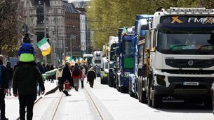 <p> A line of trucks protesting on O'Connell Street in Dublin on Saturday. Picture: RollingNews</p>