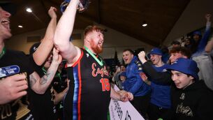 <p>FLYING HIGH:Limerick Sport Eagles' Ronan Cregan leads the celebrations after the game. Pic: INPHO/Tom Maher</p>