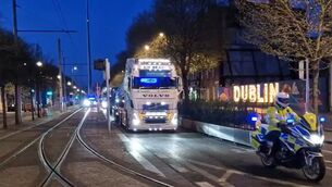 <p>Vehicles leaving O'Connell Street in Dublin during an overnight Garda operation to remove fuel protesters.</p>