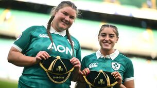 <p>BOW: Ireland players Eilís Cahill, left, and Katie Whelan after their first caps for Ireland in the Women's Six Nations Rugby Championship. Pic: Shauna Clinton/Sportsfile</p>