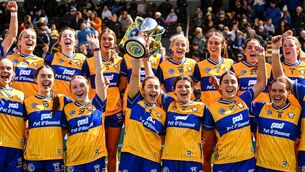 <p>CHAMPIONS: Clare joint-captain Clare Hehir lifts the cup after her side's victory in the Centra National Camogie League Division 1B final match between Clare and Dublin at UPMC Nowlan Park in Kilkenny. Photo by Piaras Ó Mídheach/Sportsfile</p>