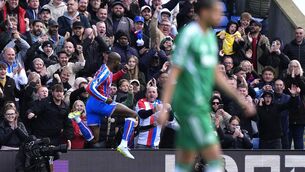 <p>Crystal Palace's Jean-Philippe Mateta celebrates scoring their side's first goal of the game during the Premier League match at Selhurst Pa. Pic: Jordan Pettitt/PA Wire.</p>