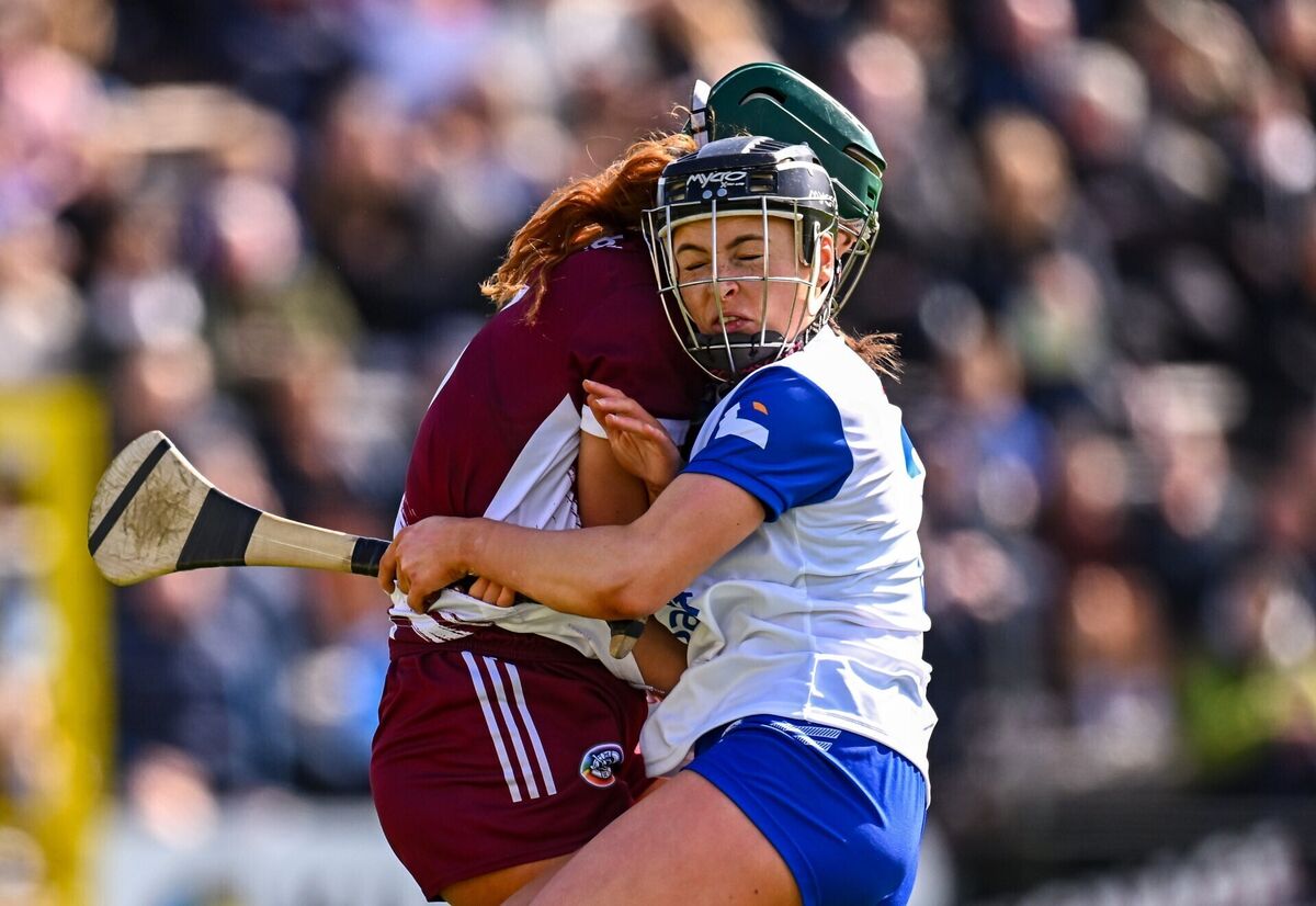 Róisín Black of Galway meets Keeley Corbett Barry of Waterford with a shoulder. Pic: Piaras Ó Mídheach/Sportsfile. Róisín Black of Galway meets Keeley Corbett Barry of Waterford with a shoulder. Pic: Piaras Ó Mídheach/Sportsfile.