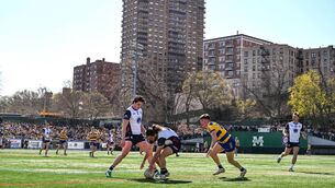<p class="contextmenu internal_Caption">A BRONX TALE: New York’s Cian O’Dea secures possession with protection from Conall Kennedy despite the attention of Daire Cregg of Roscommon in their Connacht SFC quarter-final at Gaelic Park in New York. Pic: Ben McShane/Sportsfile</p> <p class="contextmenu internal_Caption">A BRONX TALE: New York’s Cian O’Dea secures possession with protection from Conall Kennedy despite the attention of Daire Cregg of Roscommon in their Connacht SFC quarter-final at Gaelic Park in New York. Pic: Ben McShane/Sportsfile</p>