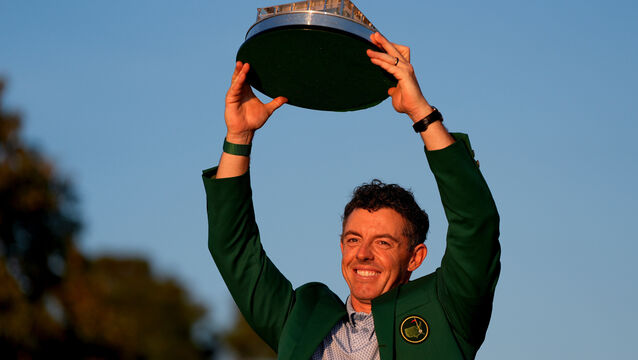 <p>Rory McIlroy holds up the trophy after winning the Masters golf tournament at the Augusta National Golf Club on Sunday. Picture: AP Photo/Ashley Landis</p>