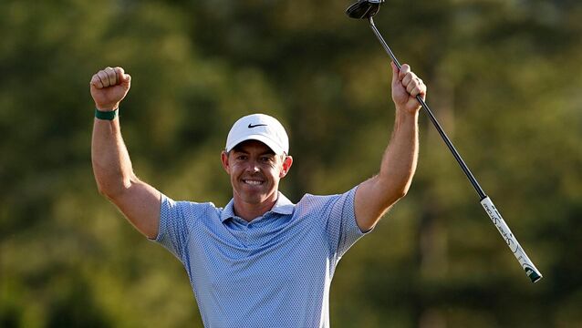<p>AND STILL... Rory McIlroy celebrates after winning the Masters golf tournament. Pic: AP Photo/David J. Phillip</p>