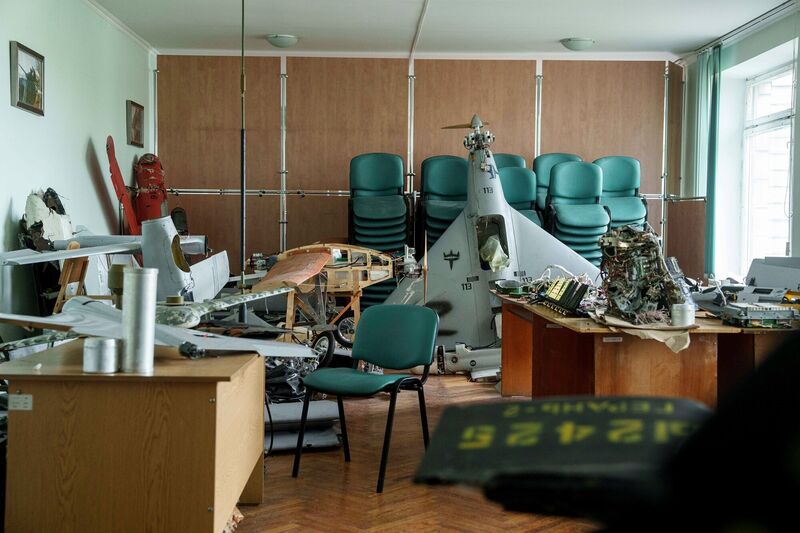 Parts of downed Shahed drones which had been launched by Russia are piled in a storage room of a research laboratory in Kyiv, Ukraine. Picture: Evgeniy Maloletka/AP