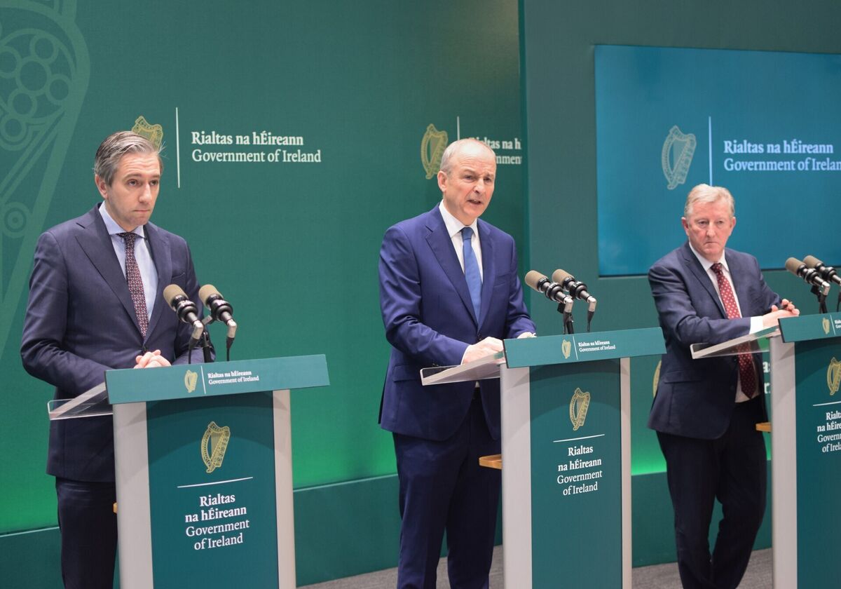  Tanaiste Simon Harris, Taoiseach Micheal Martin and Minister of State Sean Canney speaking at the Government Press Centre in Dublin. Picture: Cillian Sherlock/PA Wire