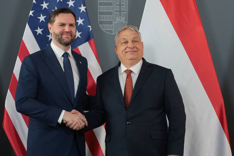 US Vice President JD Vance (L) and Hungarian Prime Minister Viktor Orban shake hands as they meet in Budapest, Hungary, April 7, 2026.  (Photo by Jonathan Ernst / POOL / AFP via Getty Images)