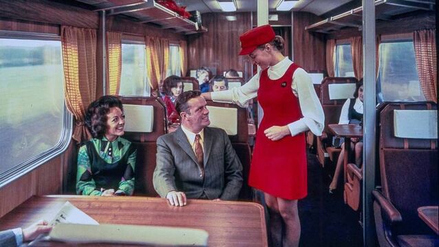 <p>Lap of luxury: A glossy brochure image of Irish railway travel in the 1970s. Many trains do not even have a trolley service today</p>