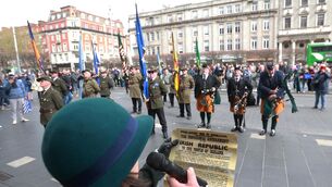 <p> 6/4/2026. Dublin, Leinster, Ireland, Irish. Independent Dublin Republicans 3rd Annual 1916 Easter Commemoration Reenactment Dublin. Members of Independent Republicans take part in a reenactment of the events of the 1916 Easter Rising in Dublin today. Photo shows the Proclamation being read outside the GPO. Photo: © RollingNews.ie/Sasko Lazarov.</p>