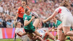 <p>Ireland Ireland's Anna McGann scores her side's first try of the match. Pic: INPHO/Laszlo Geczo</p>