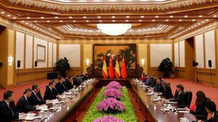 <p>China's President Xi Jinping and Spain's Prime Minister Pedro Sanchez attend a meeting at the Great Hall of the People in Beijing Tuesday, April 14, 2026. Picture: Haruna Furuhashi/Pool Photo via AP.</p>