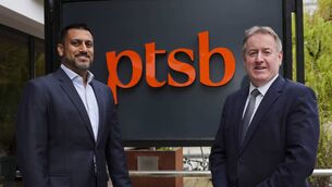 <p>BAWAG deputy CEO Sat Shah and PTSB CEO  Eamonn Crowley. Picture: Fennell Photography</p>