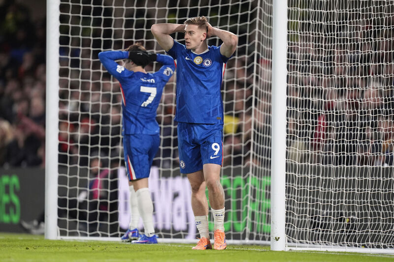 Chelsea's Liam Delap reacts after missing an attempt at goal. Pic: Andrew Matthews/PA Wire.
