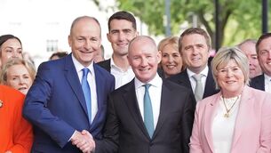 <p>Taoiseach Micheál Martin with former Fianna Fáil candidate Jim Gavin during the presidential election campaign, at Leinster House in Dublin. Picture: Niall Carson/PA Wire</p>