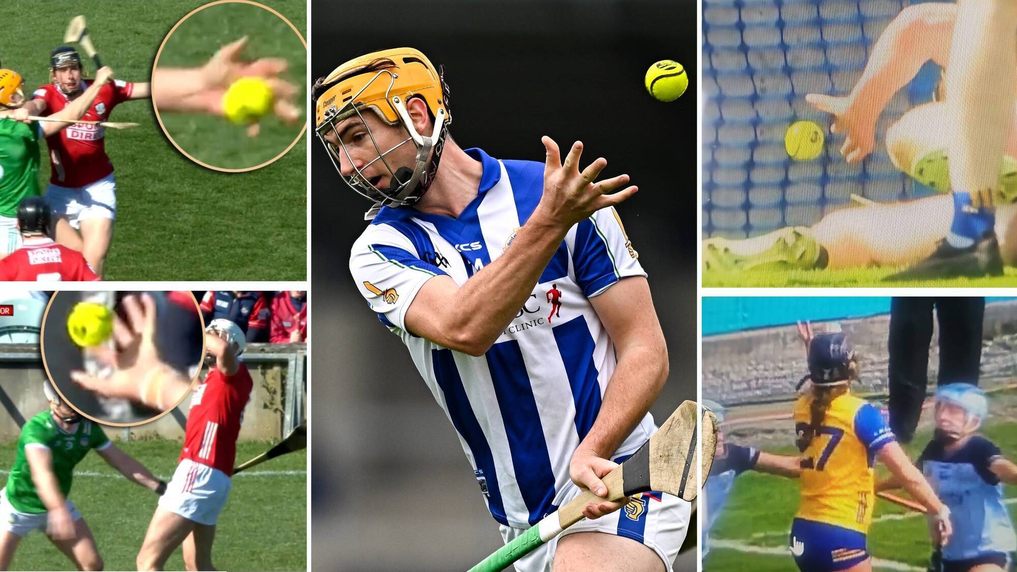 Clockwise from top left: Cork's Rob Downey, Darragh Kenny of Ballyboden St Enda’s; Eoin Cody of Kilkenny, Clare's Ellen Casey and Cork's Tim O'Mahony. Screenshots TG4 and RTE and Seb Daly/Sportsfile