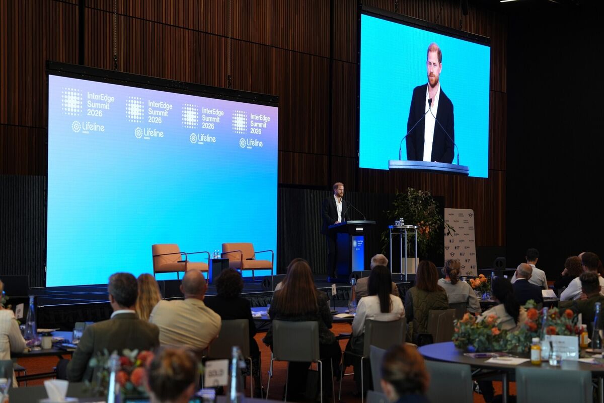 The Duke of Sussex delivers the keynote speech at the InterEdge Summit, at Centrepiece in Melbourne Park, Victoria on day three of the royal trip to Australia. Picture: Jonathan Brady/PA Wire