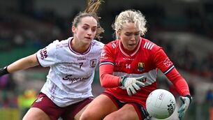 <p>NEW RULES: Katie Quirke of Cork in action against Brónagh Quinn of Galway during the Lidl Ladies National Football League Division 1 final. Picture: Sam Barnes/Sportsfile</p>