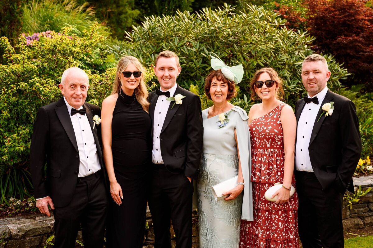 Ciarán Jones with his family, including his parents Olive and Ted, on his wedding day.