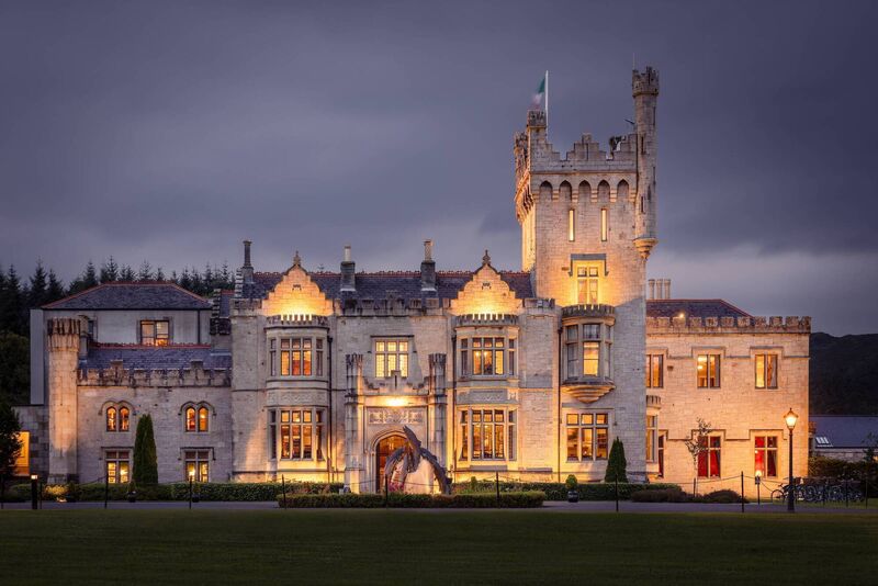 The beautiful Lough Eske castle at night