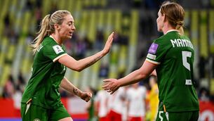 <p>Megan Connolly, left, and Aoife Mannion of Republic of Ireland  in Gdansk. Pic: Stephen McCarthy/Sportsfile</p>