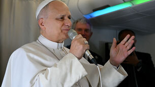 <p>Pope Leo XIV speaks to journalists aboard his flight at the start of an 11-day apostolic journey to Africa. (Alberto Pizzoli/Pool Photo via AP)</p> <p>Pope Leo XIV speaks to journalists aboard his flight at the start of an 11-day apostolic journey to Africa. (Alberto Pizzoli/Pool Photo via AP)</p>