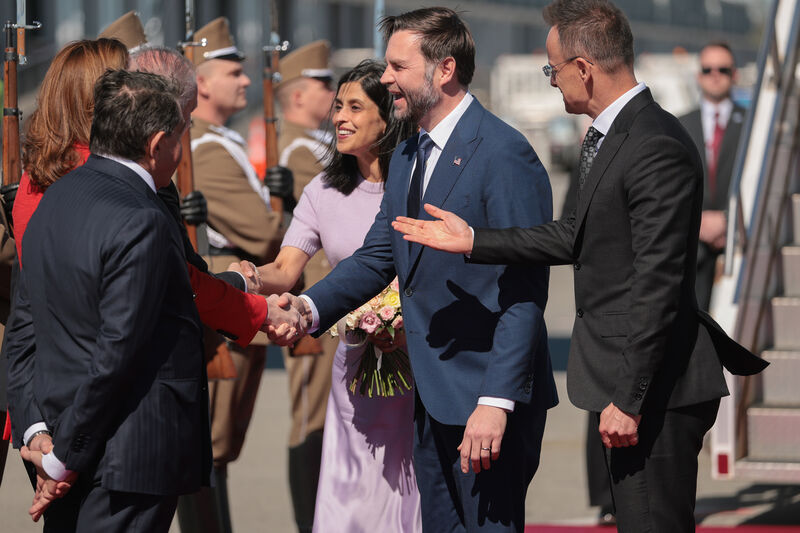 Hungarian foreign minister Peter Szijjarto (right) welcomes US vice president JD Vance (centre right), and second lady Usha Vance (centre left) at Budapest Ferenc Liszt International Airport earlier this month. Photo: Jonathan Ernst
