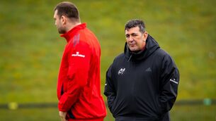 <p>Munster head coach Clayton McMillan (right) alongside Tadhg Beirne at a training session in UL. Picture: INPHO/Morgan Treacy</p>