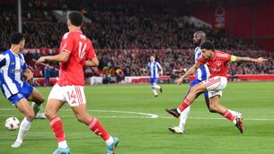 <p>Nottingham Forest's Morgan Gibbs-White (right) scores their side's winner. Pic: Gary Oakley/PA Wire.</p>