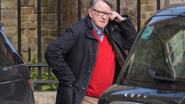 <p>Peter Mandelson outside his London home following his arrest on suspicion of misconduct in public office in March (Lucy North/PA)</p>