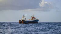 Fishing vessel is conducting an industrial catch of wild marine products using deep-sea trawl.