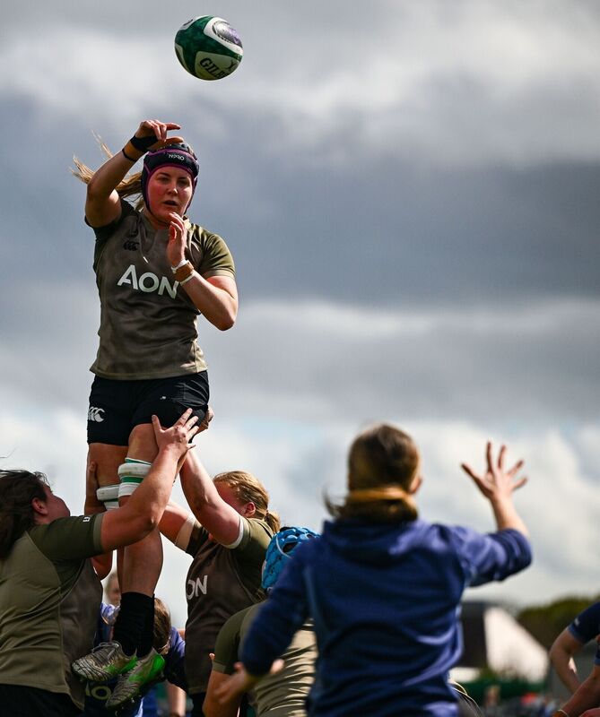 RISING HIGH: Fiona Tuite during an Ireland Women's Rugby squad training session at the IRFU High Performance Centre in Dublin. Photo by Shauna Clinton/Sportsfile