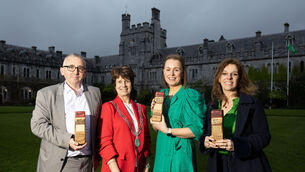 <p>Deputy Lord Mayor Cllr Mary McDonnell with winners-Best Business David Hall, Carbery Cognimed, Best Business Plan, Ruth Hendrick, Target Alert Group and Best Pitch Eliana Monteiro, LoveBetter at the UCC IGNITE Programme spring showcase and awards. 	Photo. Darragh Kane</p>